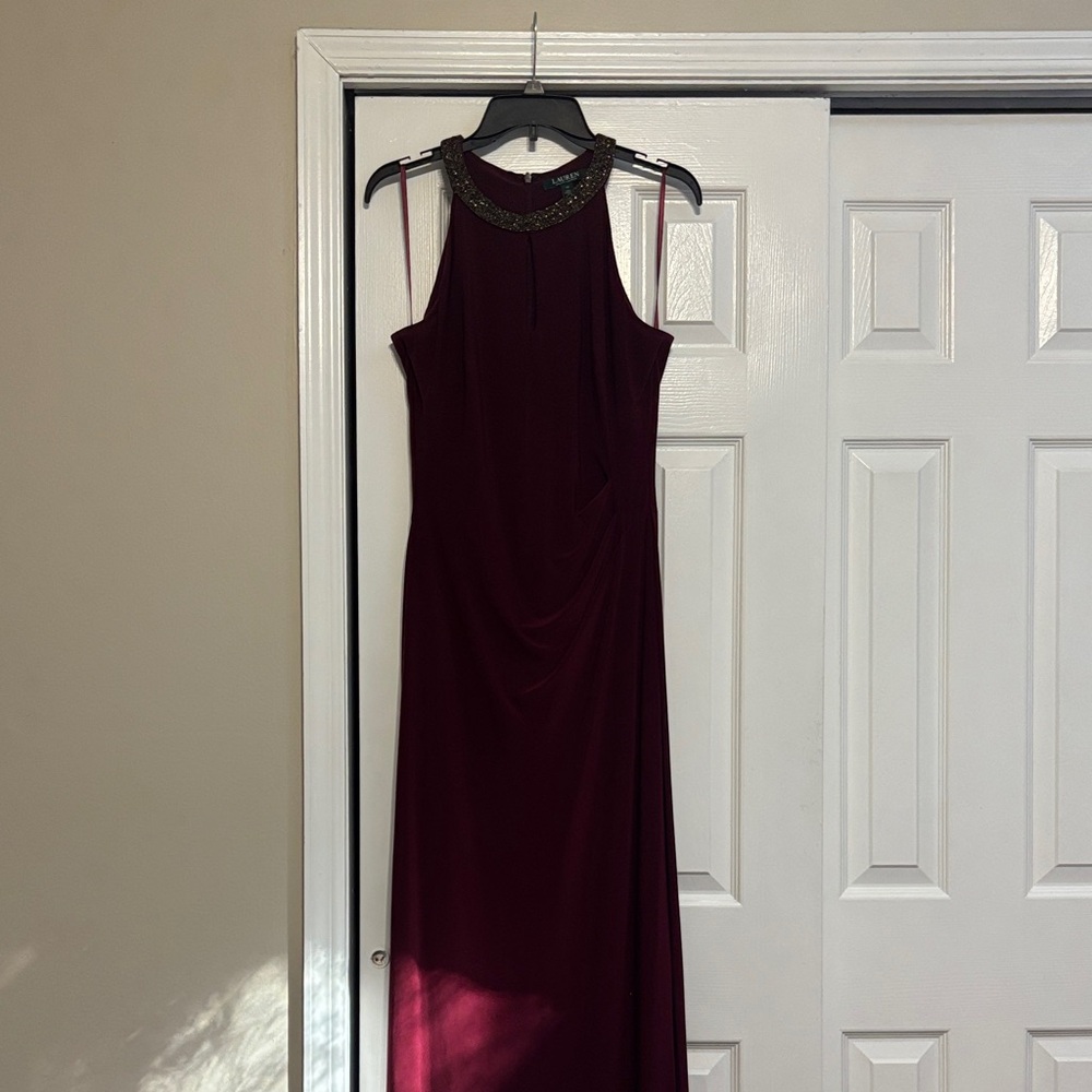 Ralph Lauren Dark Red Maxi Dress with Embellished Neckline